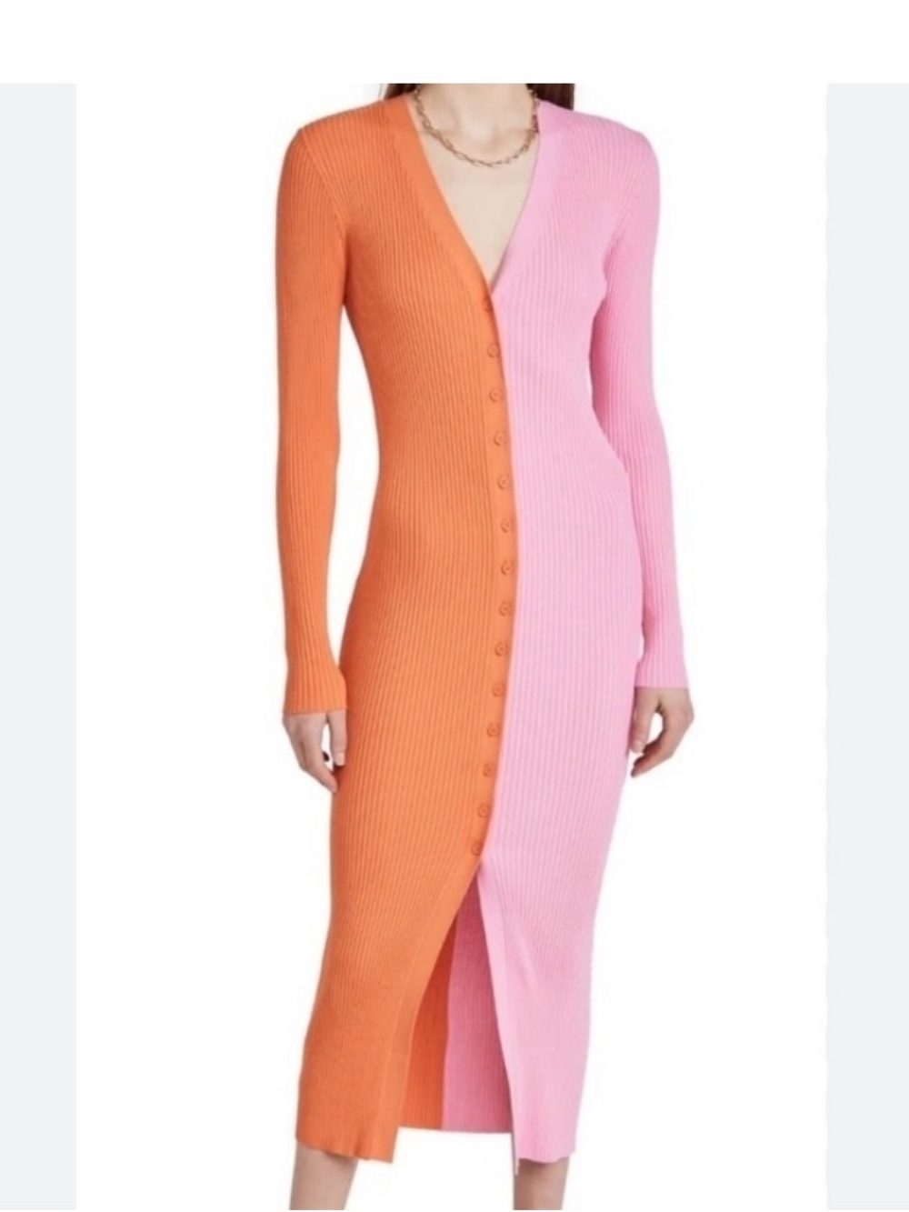 STAUD Two-Tone Ribbed Button-Front Midi Dress in Orange & Pink